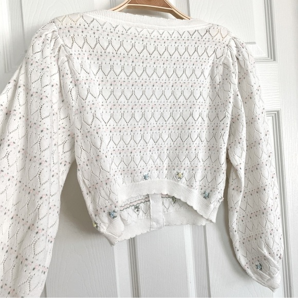 For Love & Lemons White Charleston Crop Balloon Sleeve Cardigan Sweater - Picture 10 of 15